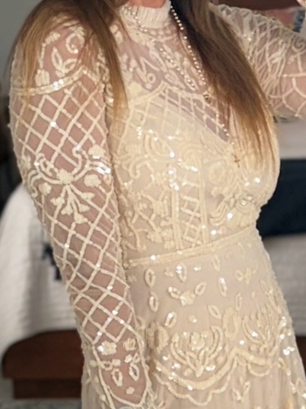 Mac Duggal 9142 Ivory lace Beaded sequins Long-Sleeve embroidered mesh midi dres